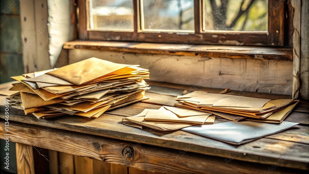 Poster A stack of old envelopes on a rustic wooden table with a window in the background