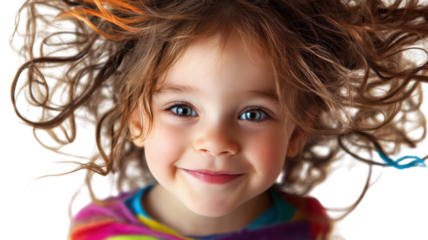 Young girl with curly hair smiling joyfully while playing with vibrant colors in a cheerful environment, capturing the essence of childhood happiness.
