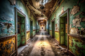 Fototapeta premium Atmospheric Low Light Photography of an Abandoned Hospital Corridor with Shadows and Decaying Walls, Evoking a Sense of Mystery and Forgotten History in a Dark and Eerie Environment