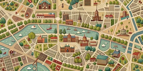 Obraz premium A whimsical illustration depicting an aerial perspective of a meticulously crafted miniature city, featuring quaint buildings, winding roads, and a picturesque waterway