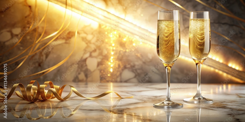 Poster two champagne flutes filled with sparkling wine stand on a marble tabletop with a gold ribbon