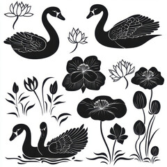 Elegant swan and water lily motifs in black silhouette style