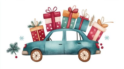 A teal car carries many Christmas gifts on its roof