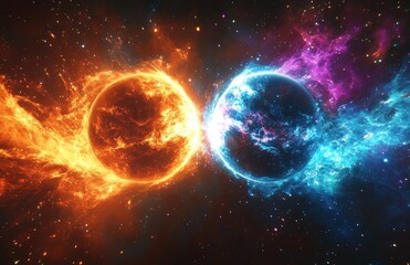 Obraz premium Vibrant Collision of Two Cosmic Planets in Abstract Surrealism