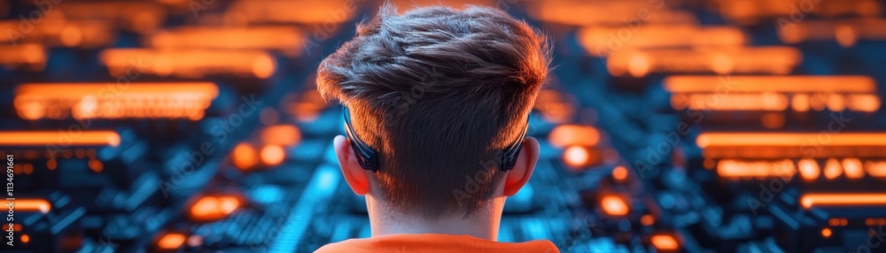 Poster exploring the digital frontier a tech-savvy individual with headphones immersed in a dynamic display