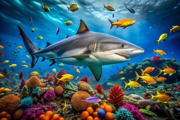 Fototapeta premium A Unique Underwater Scene Featuring a Large Shark with a Smaller Shark Riding on Its Back, Capturing the Beauty of Marine Life and Their Interactions in a Stunning Ocean Environment