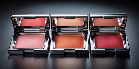 Three shades of blush in silver compacts arranged in a row on a black surface