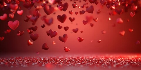 Red hearts falling on a glittering red surface