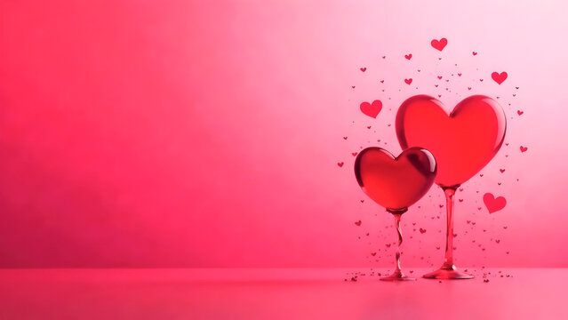 Two elegant red glass hearts on stems surrounded by smaller floating hearts, perfect for romantic advertisements or Valentine's Day promotions. Selective focus