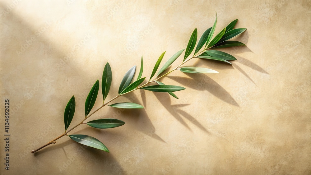 Poster a delicate branch with vibrant green leaves casts a shadow on a warm beige background, bathed in the