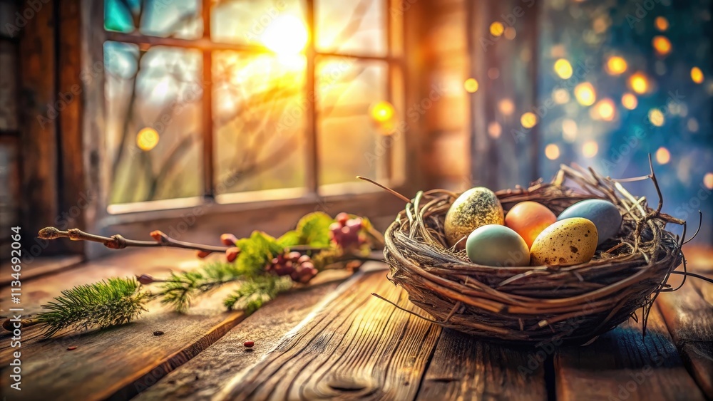 Poster A rustic window with a warm glow from the setting sun, showcasing a cozy bird's nest filled with colorful eggs, resting on a weathered wooden table