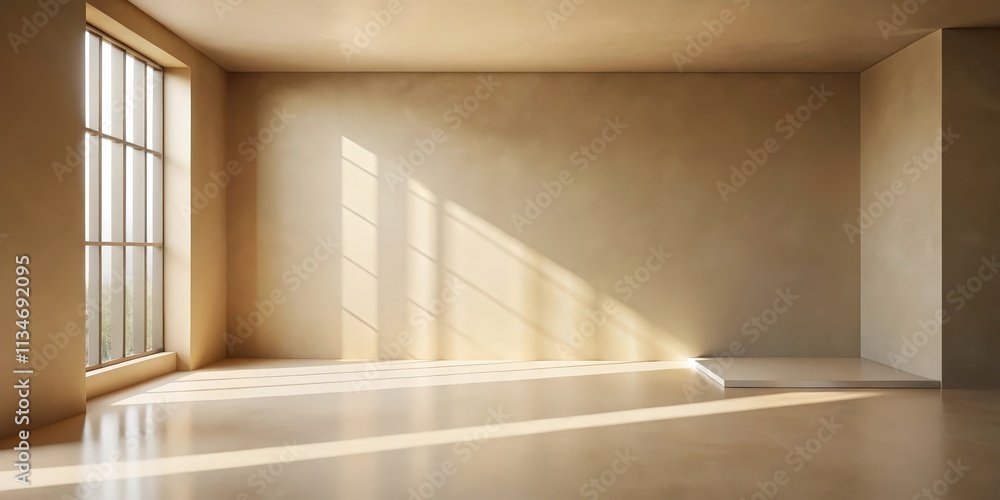 Poster Minimalist Room Interior with Sunlight Streaming Through a Window and a Simple Platform in the Corner