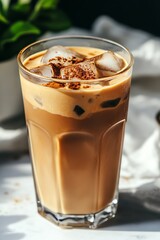 Refreshing Iced Coffee with Cocoa Dust, Garnished and Served on a Sunny Day, Perfect Summer Drink