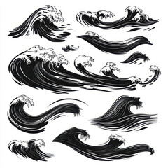 Fototapeta premium Stylized black wave designs showcasing ocean currents and movement
