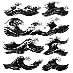 Fototapeta premium Stylized black waves and ocean currents in various shapes and sizes