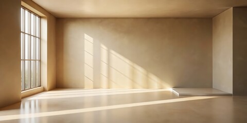 Obraz premium Minimalist Room Interior with Sunlight Streaming Through a Window and a Simple Platform in the Corner