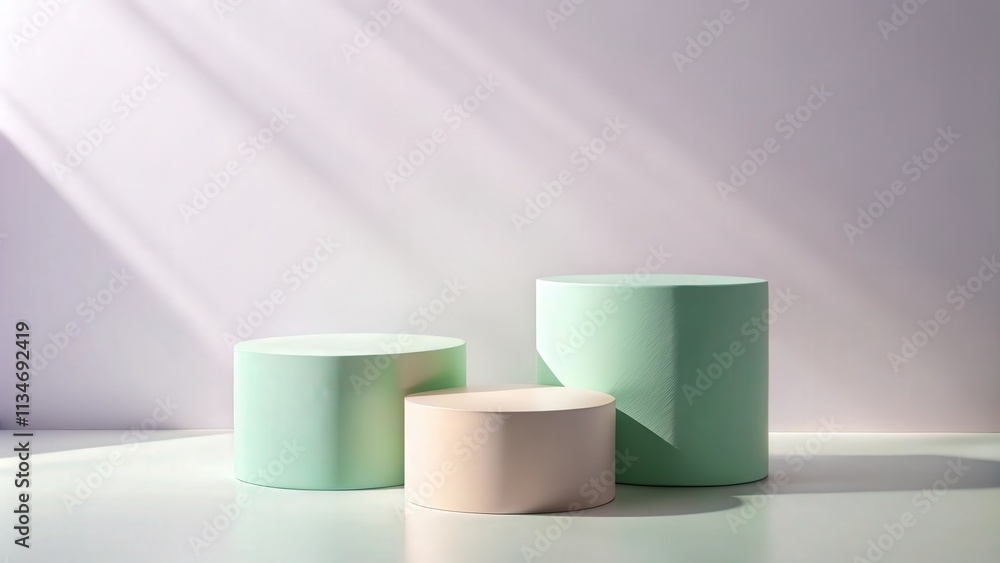 Aufkleber minimalist product display with cylindrical platforms in soft green and cream hues against a pale wa