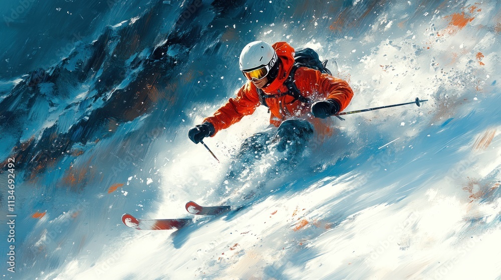 Poster a skier in an orange jacket navigates through snowy terrain, creating a dynamic winter scene.