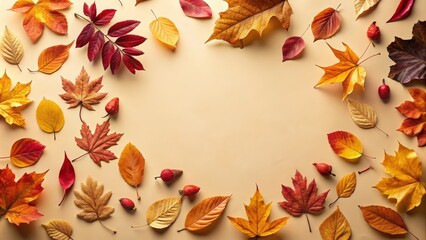 A vibrant autumnal arrangement featuring colorful leaves with hints of red and yellow, set against a pale background, creating a natural and seasonal backdrop.