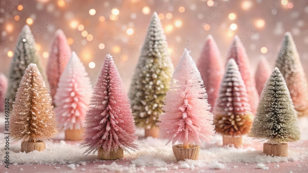 Aufkleber A cluster of miniature Christmas trees adorned with a delicate dusting of snow, bathed in soft warm light, creating a whimsical and festive scene.