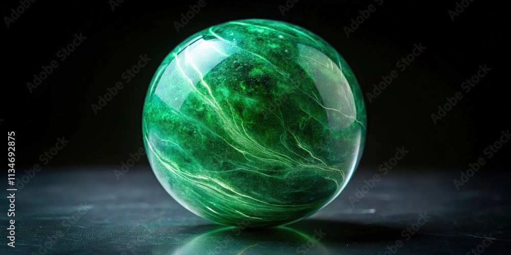 Poster A smooth, green, marbled orb resting on a black surface, its subtle veining reflecting the light, a captivating study in texture and color