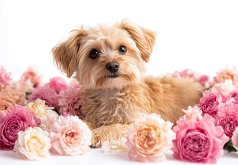 Adorable Fluffy Dog Amidst Delicate Pink Flowers