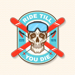 Ear, sleep, ski. Vector retro badge, textile patch. Concept for shirt, print, seal or stamp with ski glasses, skull skeleton, ski. Family vacation, activity or travel. For logo design, patches