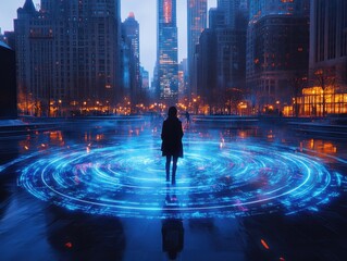 Person Stands Alone in a City at Night with a Digital Interface