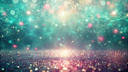 Obraz premium Sparkling glitter surface with blurred bokeh lights and a dreamy turquoise gradient background