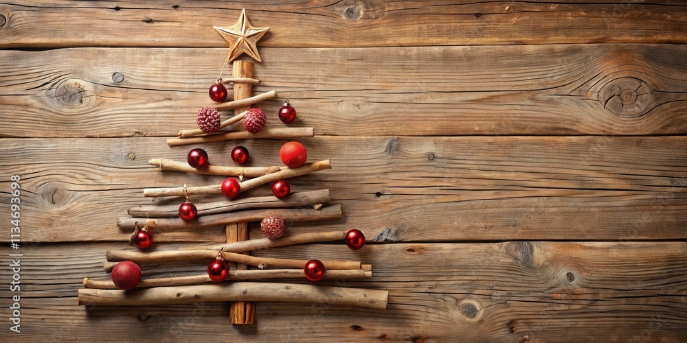 Aufkleber rustic christmas tree crafted from twigs adorned with festive red ornaments and a golden star on a w