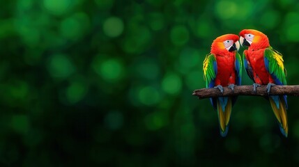 Colorful Parrots on Branch with Green Bokeh Background