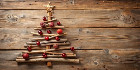 Naklejka premium Rustic Christmas Tree Crafted from Twigs Adorned with Festive Red Ornaments and a Golden Star on a Weathered Wooden Background
