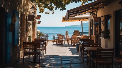 Fototapeta premium Seaside Cafe Patio Offers Tranquil Ocean Views