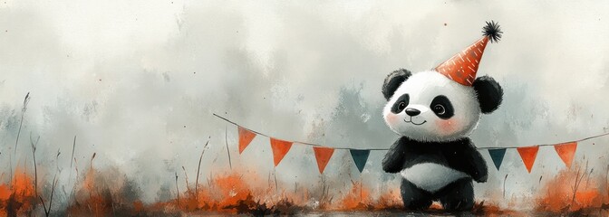 Panda Watercolor Illustration Cute Festive Party Banner Children Animal Vintage Circus Show