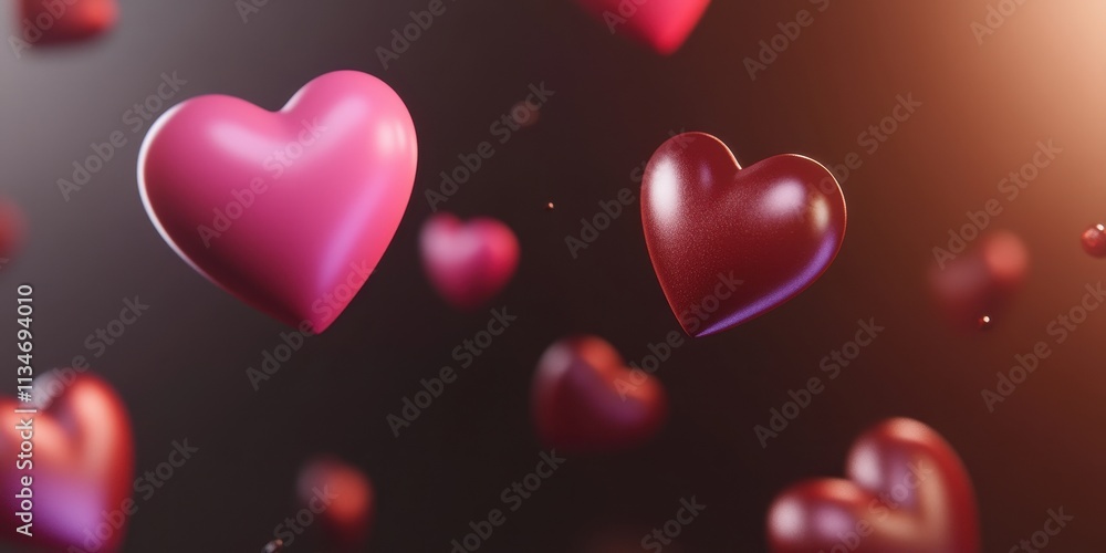 Poster Pink and Red Hearts Floating in Dark Background