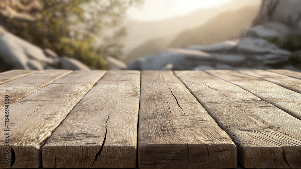Poster soft blurred beach background with empty wooden planks creating a tranquil coastal scene