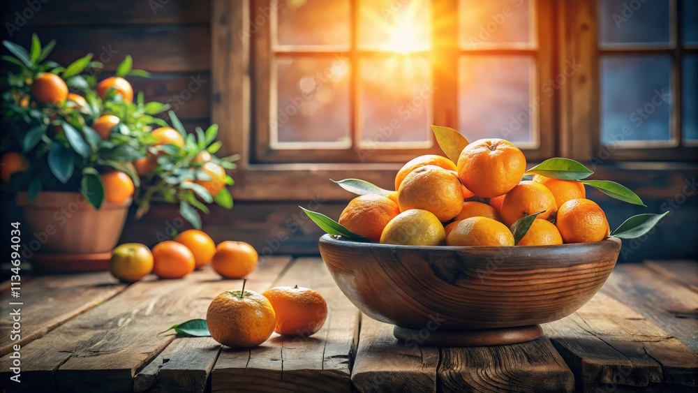 Poster a bowl of fresh mandarins with leaves sitting on a rustic wooden table, bathed in the warm glow of t