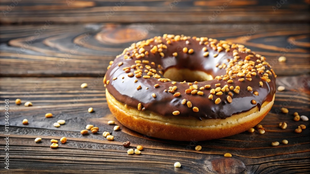 Poster a single chocolate glazed donut with sprinkles resting on a wooden table. the donut is perfectly pos