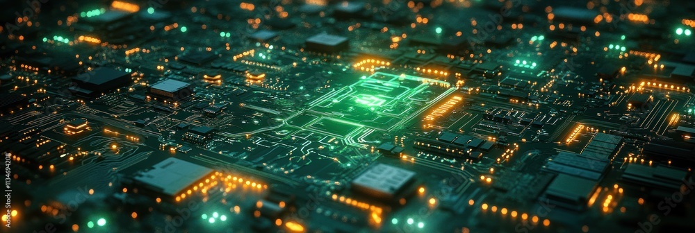 Poster a close-up view of a glowing circuit board with intricate electronic components.