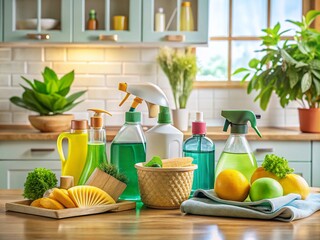 A Vibrant Array of Eco-Friendly Cleaning Products on a Bright Kitchen Counter Highlighting Natural Ingredients and Sustainable Packaging for a Cleaner Home Environment