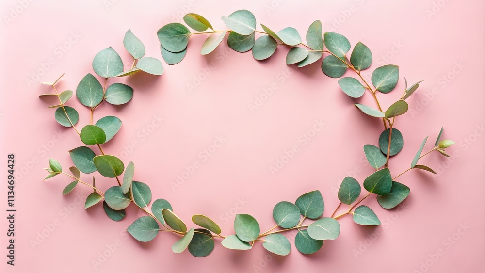 Poster a delicate wreath of eucalyptus leaves on a soft pink background, creating a natural and elegant fra