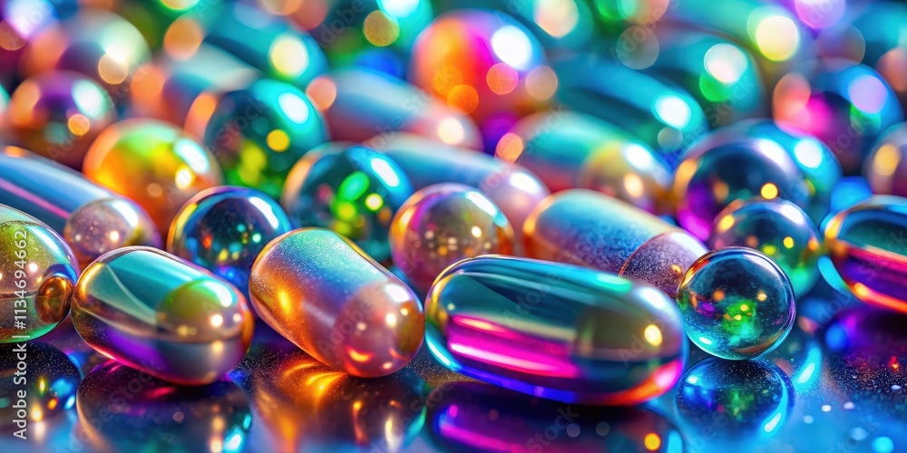 Poster a vibrant assortment of iridescent capsules, showcasing a kaleidoscope of colors and reflecting the 