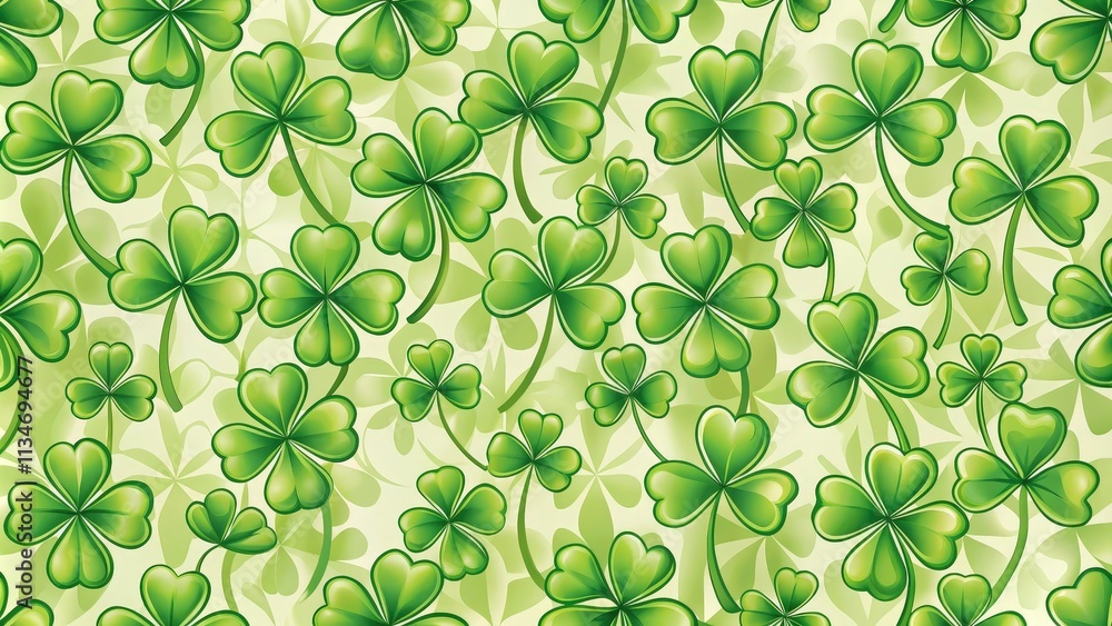 Poster a vibrant pattern of lush green shamrocks on a soft, faded green background, creating a visually cap