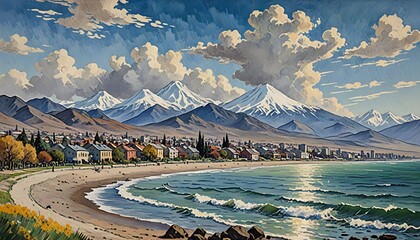 Coastal Town, Snow-Capped Mountains