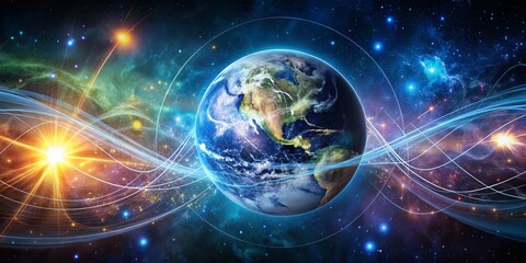 A Vibrant Digital Representation of Earth Surrounded by Cosmic Connections and Energetic Waves, Perfectly Positioned with Ample Copy Space for Various Uses