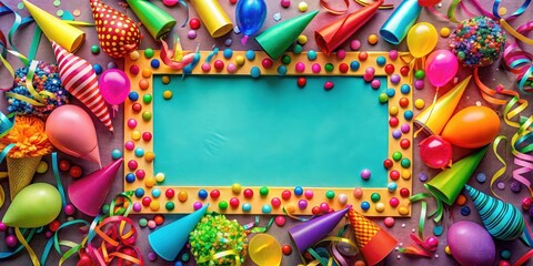 Obraz premium A vibrant celebration backdrop with colorful party hats, balloons, streamers, and candies arranged around a blank space for a festive message
