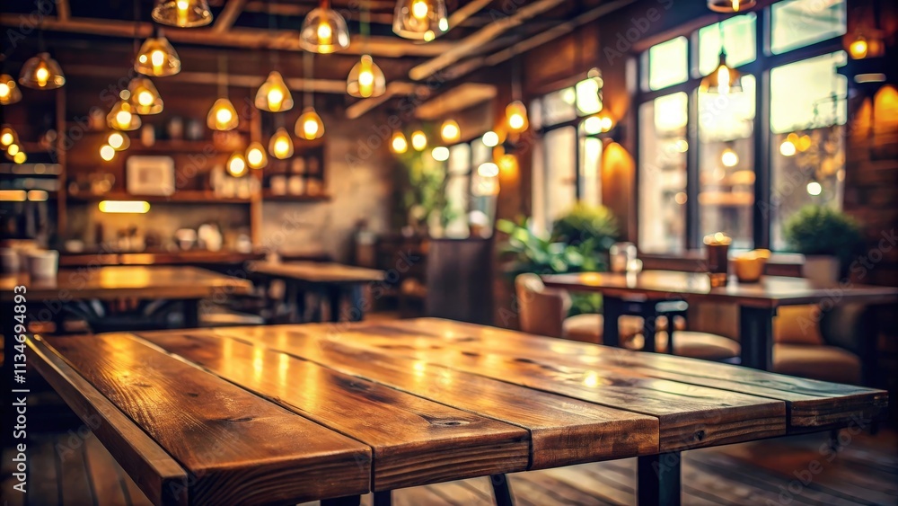 Poster A close-up view of a rustic wooden table in a dimly lit cafe, with warm, inviting lighting and a blurred background of other tables and windows.