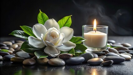 A Single White Flower and a Burning Candle Rest on a Bed of Smooth Stones