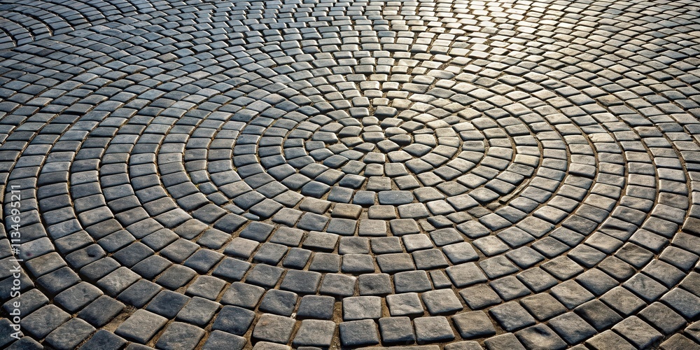 Fototapete A circular pattern of interlocking stone pavers in shades of grey, arranged in a concentric design, creating a visual representation of circularity and symmetry.