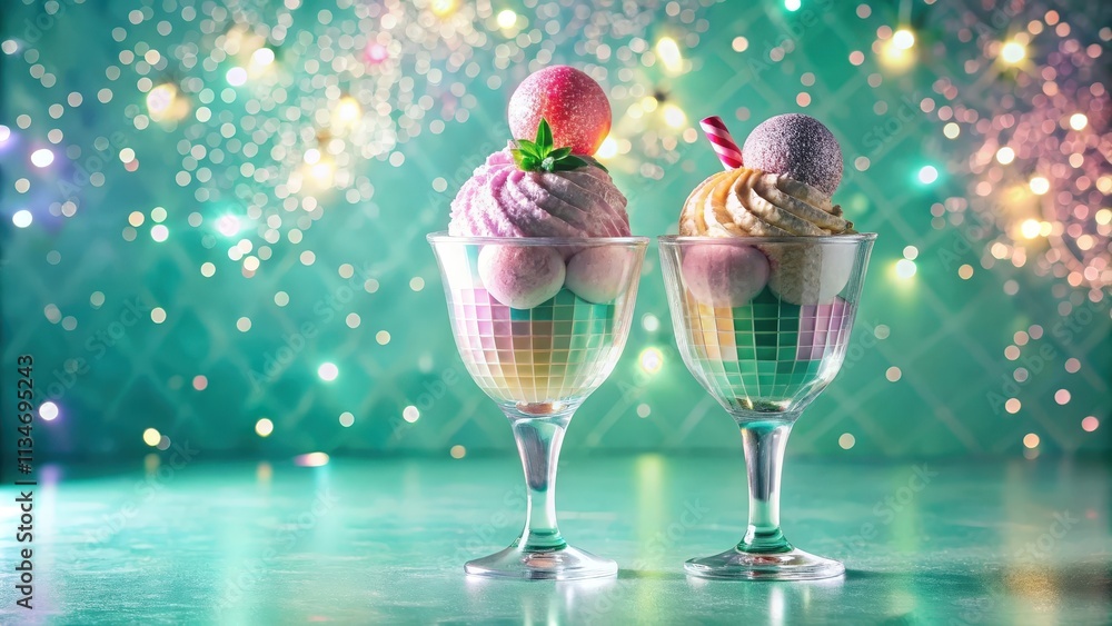 Poster two whimsical desserts filled with colorful marshmallows and topped with a delicate meringue, presen
